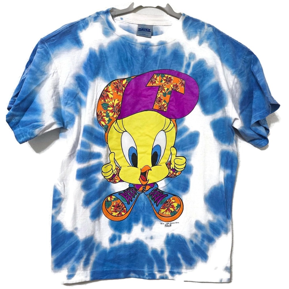 American Vintage Looney Tunes Tweety Shirt Blue Graphic Tie Dye 1995 Tultex Larg